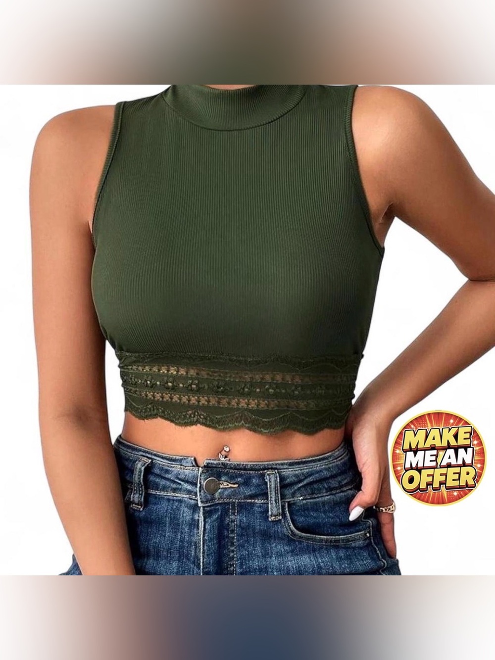 Brand New Sleeveless Mock Neck Olive Green Lace Hem Crop Top - SZ L